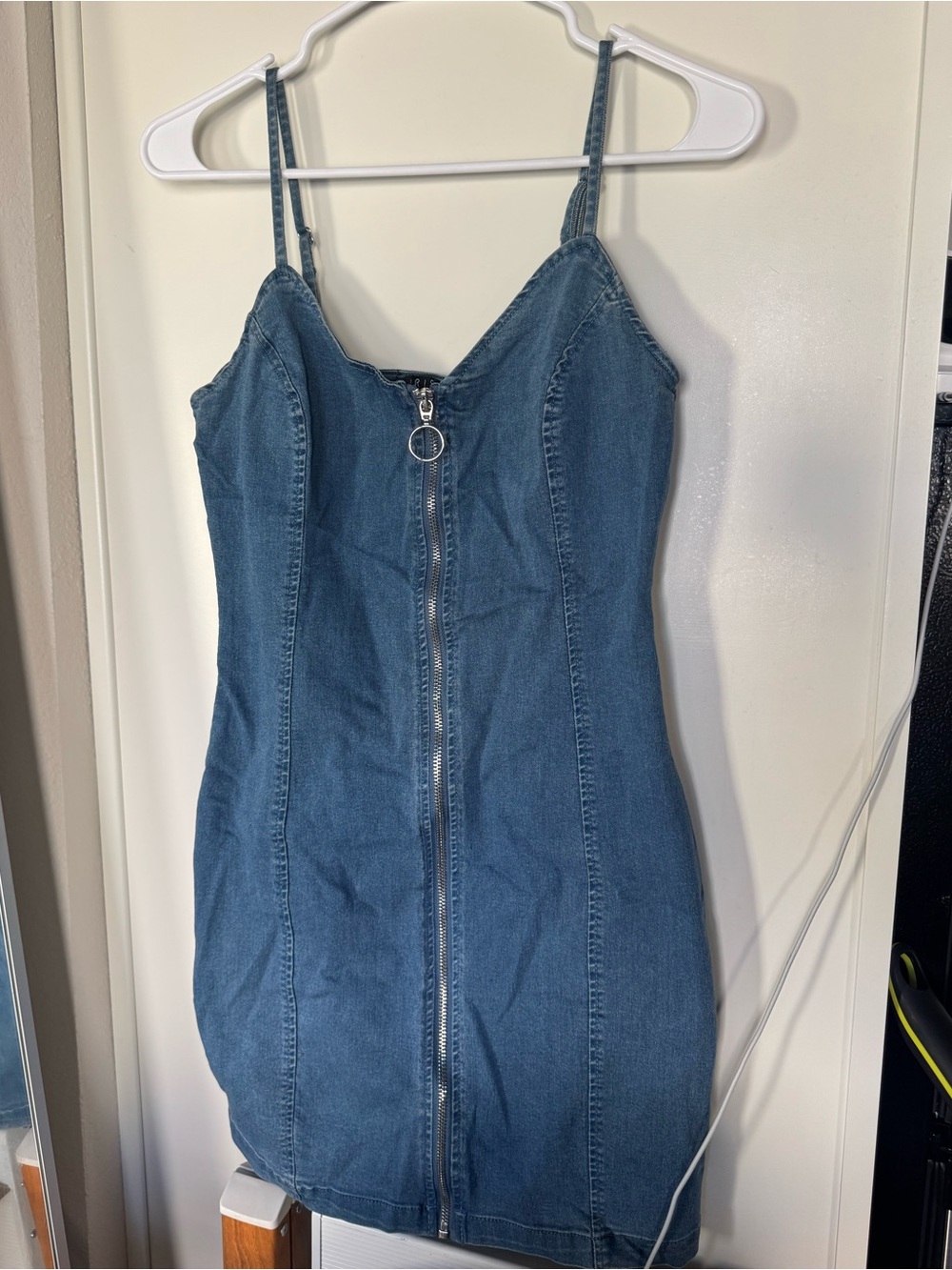 iris Blue Denim Zip-Front Spaghetti Strap Mini Dress